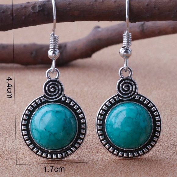 Any 3/$25! Antiqued Silver Round Turquoise Drop Earrings - Picture 3 of 5